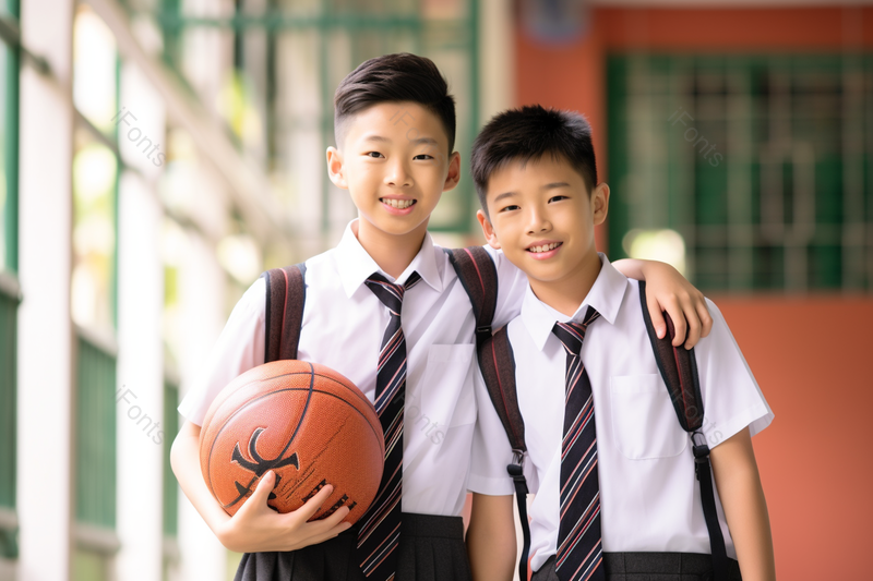 在校园里拿着篮球的两名小学生,高清,摄影图,摄影图片,图片大全,摄影图免费下载